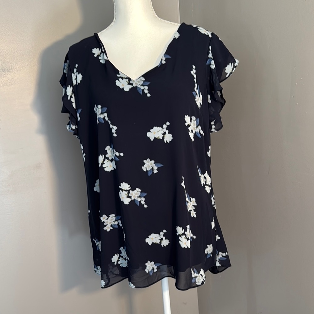 Blue Flutter Sleeve Ruffled Blouse
